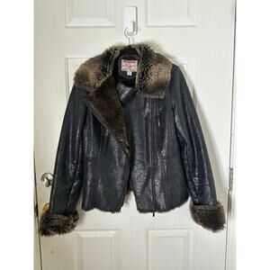 True Religion Jacket Women's Size M Black Faux Leather Fur Trim Moto